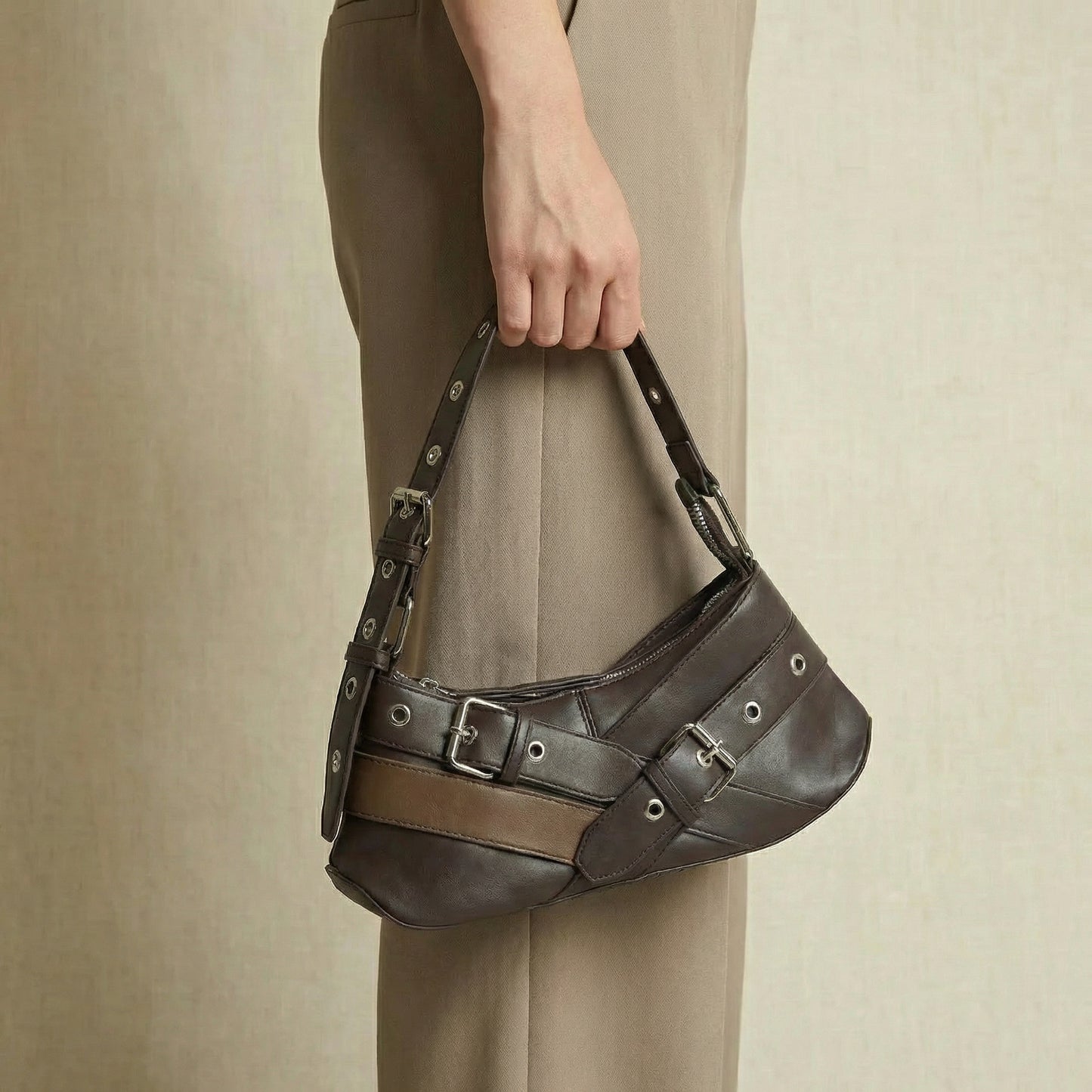 Mina Shoulder Bag - Compact PU Leather Bag with Edgy Hardware