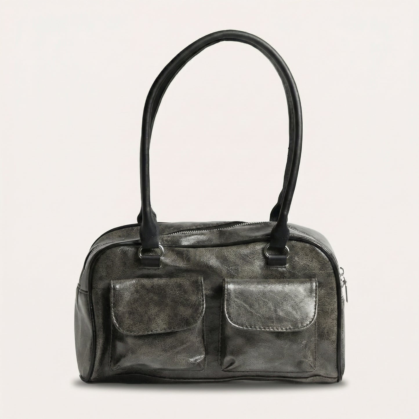 Lina Distressed Hobo Bag - PU Leather Shoulder Bag with Two Front Pockets