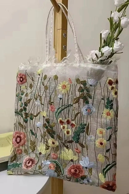 Amelia Tote Bag - Canvas Embroidered Floral Design