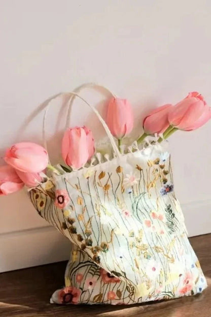 Amelia Tote Bag - Canvas Embroidered Floral Design
