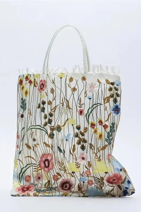 Amelia Tote Bag - Canvas Embroidered Floral Design