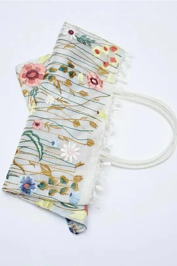 Amelia Tote Bag - Canvas Embroidered Floral Design