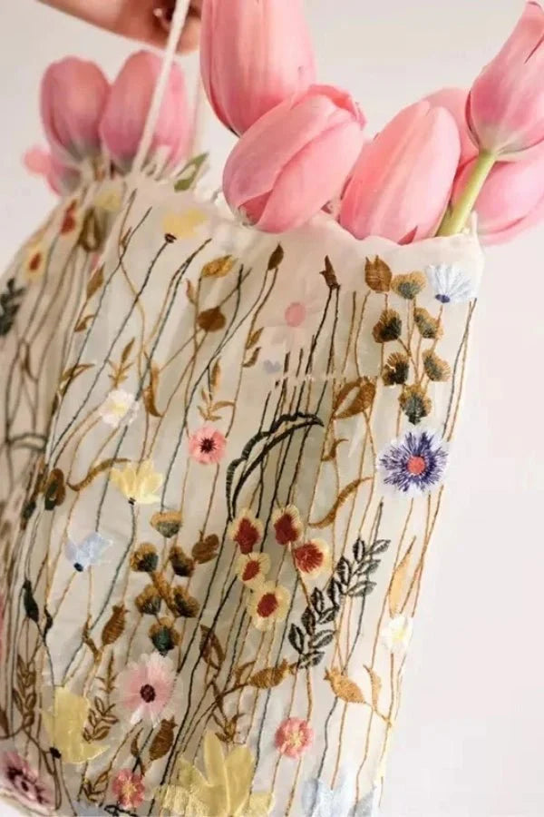 Amelia Tote Bag - Canvas Embroidered Floral Design
