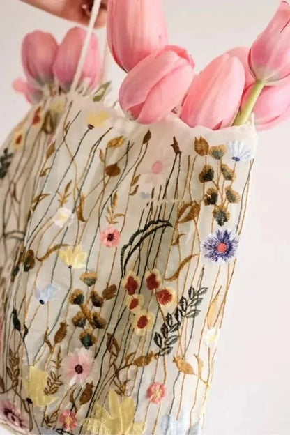 Amelia Tote Bag - Canvas Embroidered Floral Design