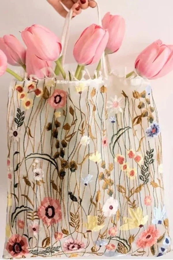 Amelia Tote Bag - Canvas Embroidered Floral Design