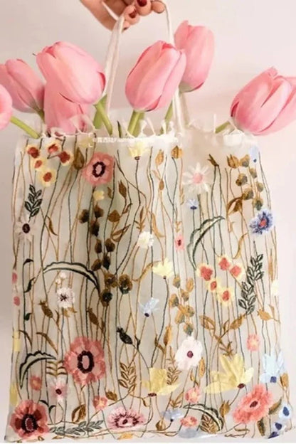 Amelia Tote Bag - Canvas Embroidered Floral Design