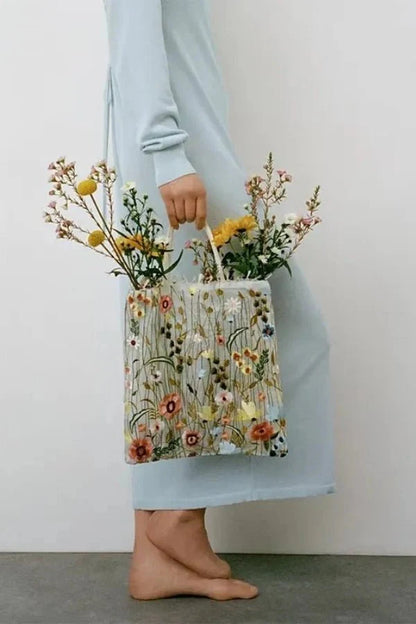 Amelia Tote Bag - Canvas Embroidered Floral Design