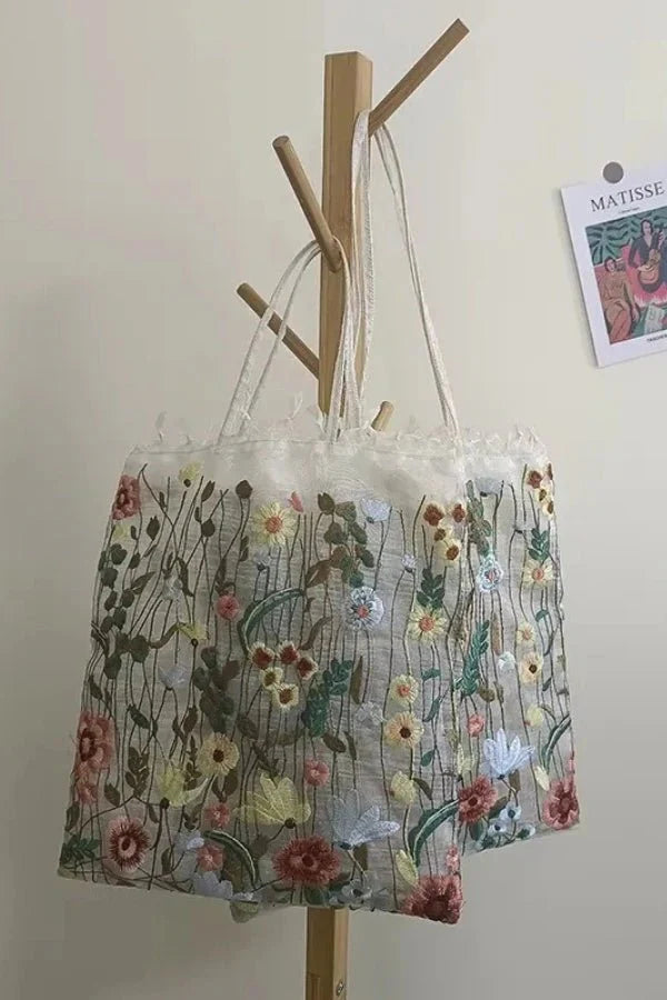 Amelia Tote Bag - Canvas Embroidered Floral Design