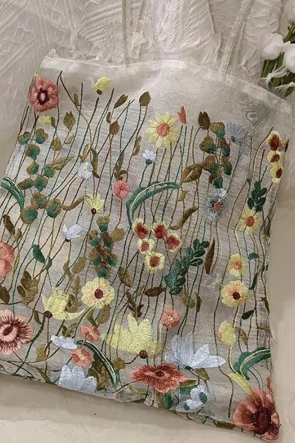 Amelia Tote Bag - Canvas Embroidered Floral Design