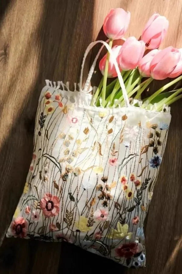 Amelia Tote Bag - Canvas Embroidered Floral Design