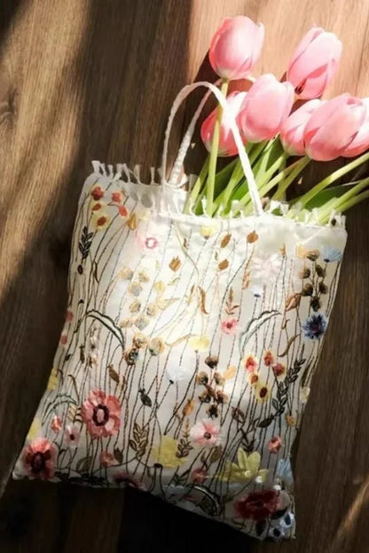 Amelia Tote Bag - Canvas Embroidered Floral Design