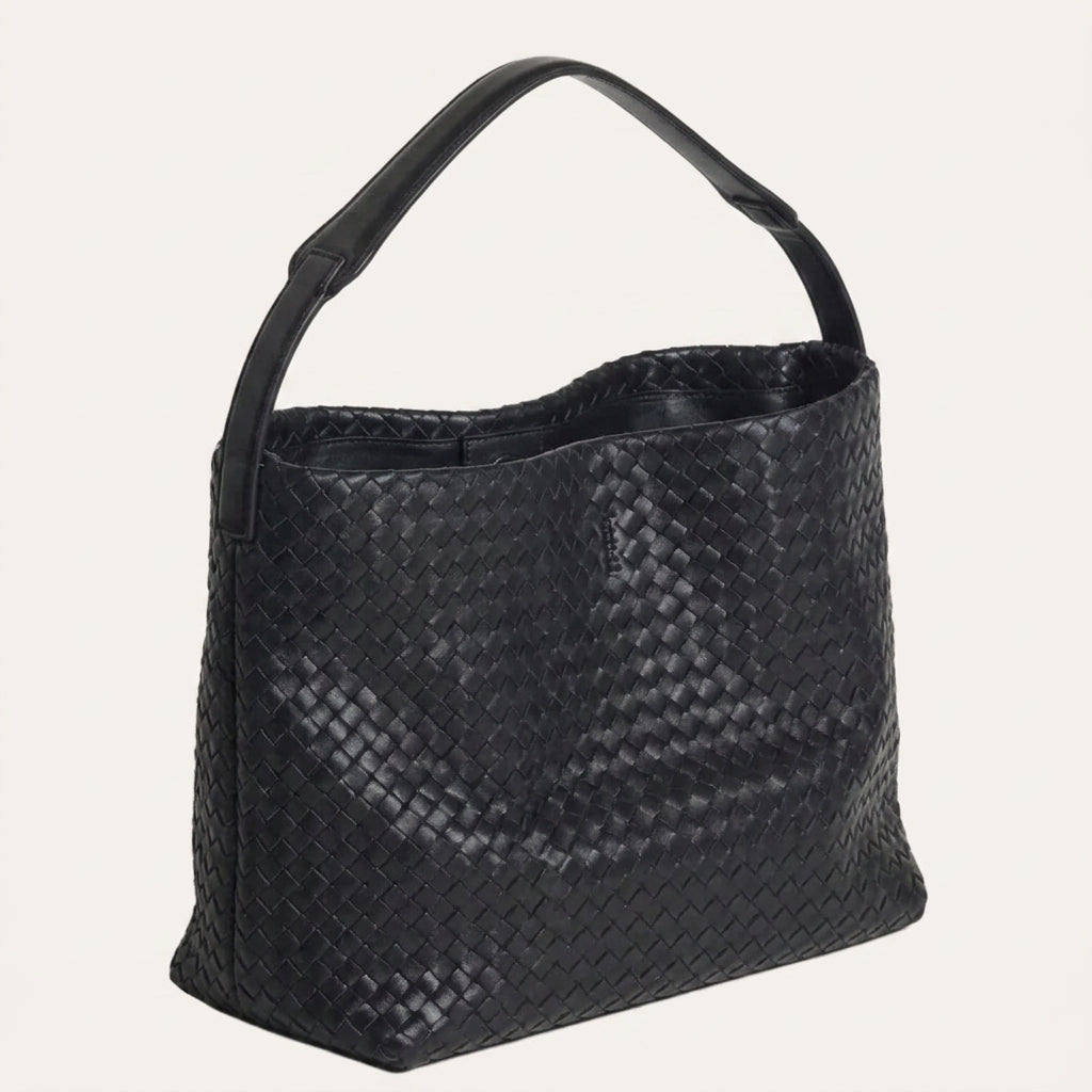 Laila Woven Tote Bag - Braided PU Leather Shoulder Bag - Plus size model