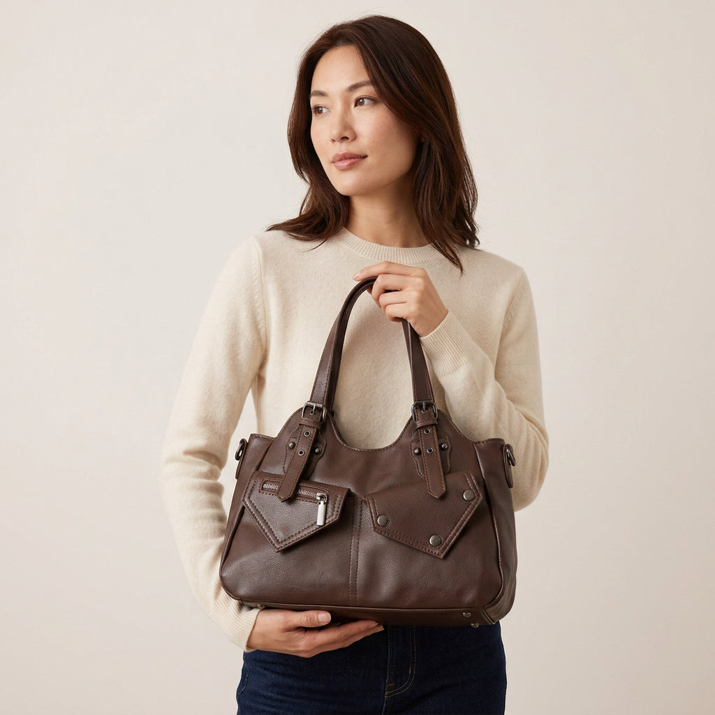 Pippa Shoulder Bag - PU Leather Structured Carry - Plus size model