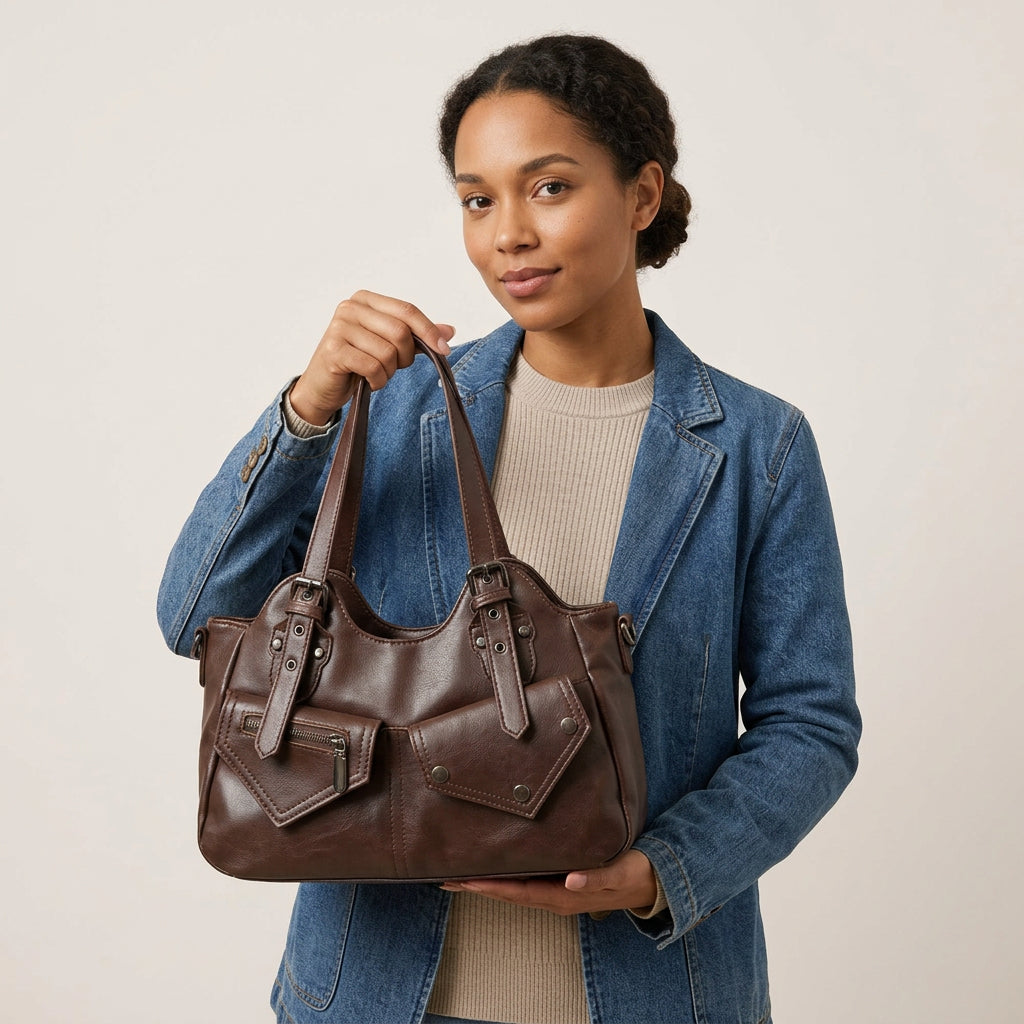 Pippa Shoulder Bag - PU Leather Structured Carry - Plus size model
