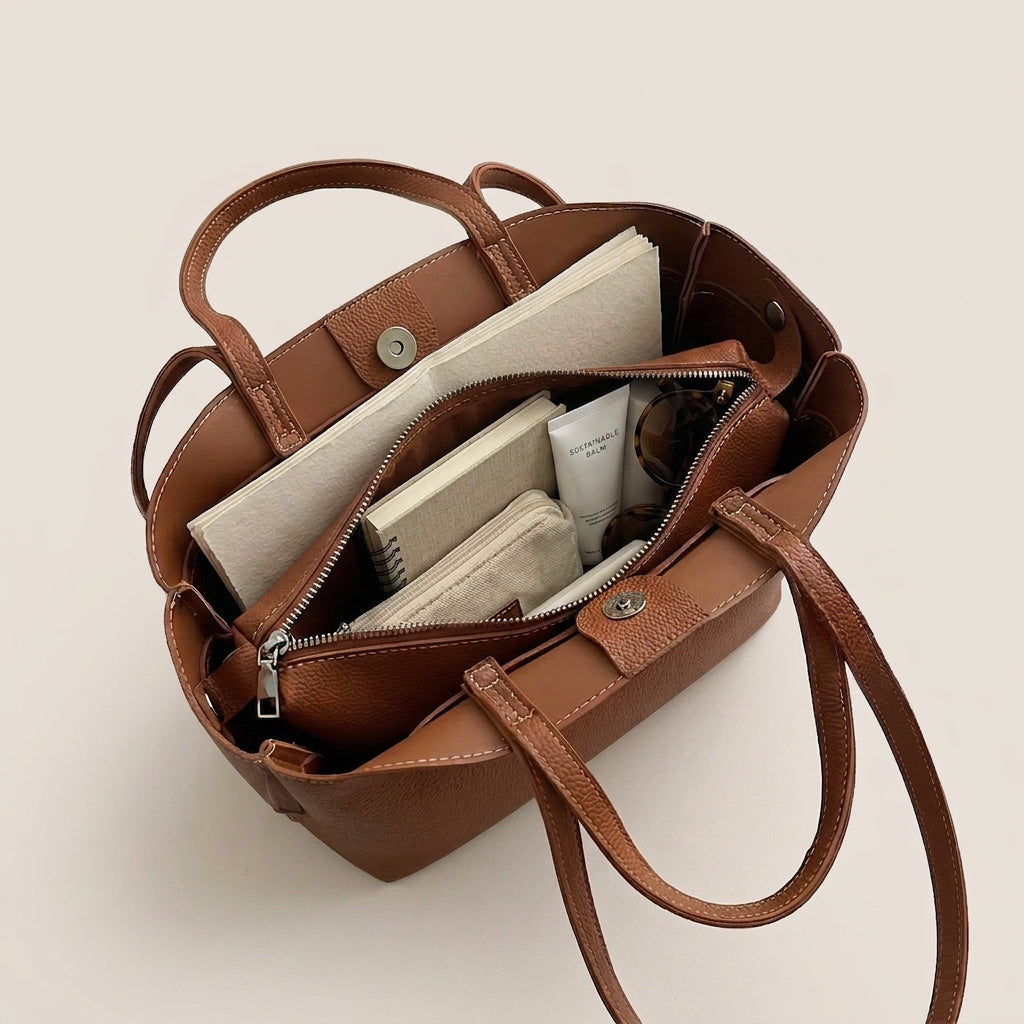 Ellie Tote Bag - Textured PU Leather Multi-Pocket Shoulder Bag - Plus size model