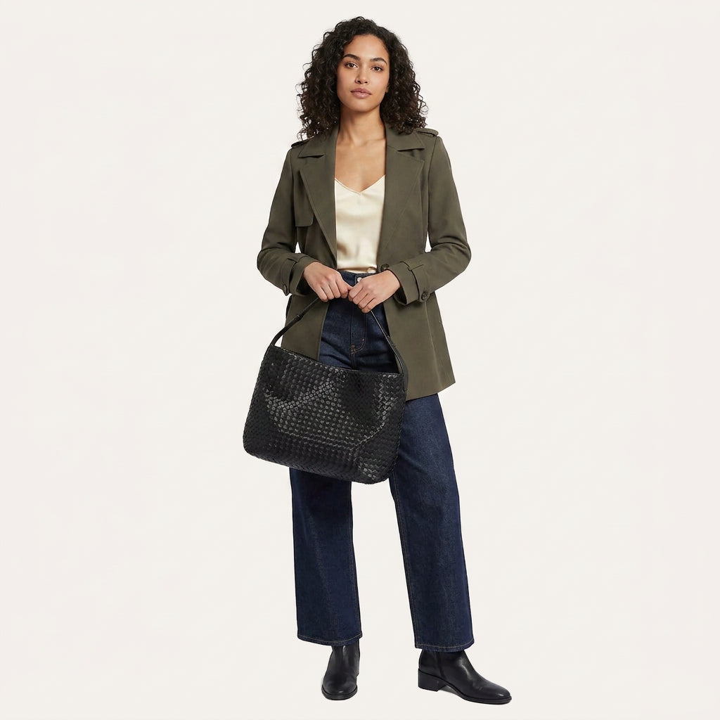 Laila Woven Tote Bag - Braided PU Leather Shoulder Bag - Plus size model