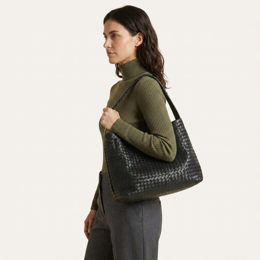 Laila Woven Tote Bag - Braided PU Leather Shoulder Bag - Plus size model
