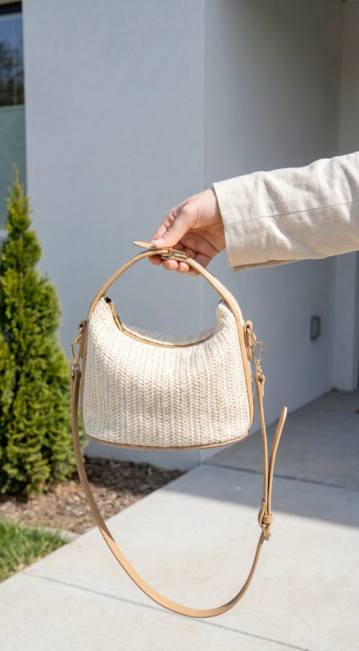 Bella Mini Bag - Woven Straw Shoulder Bag with Gold-Tone Hardware