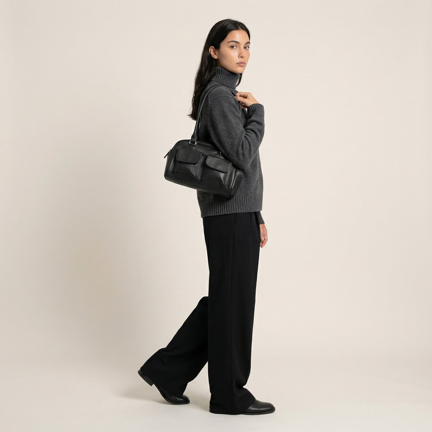 Lina Distressed Hobo Bag - PU Leather Shoulder Bag with Two Front Pockets