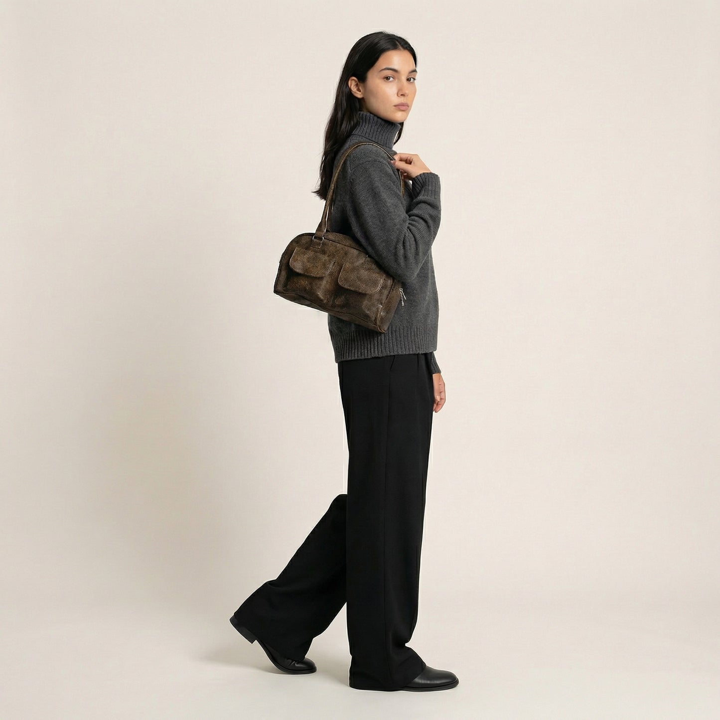 Lina Distressed Hobo Bag - PU Leather Shoulder Bag with Two Front Pockets