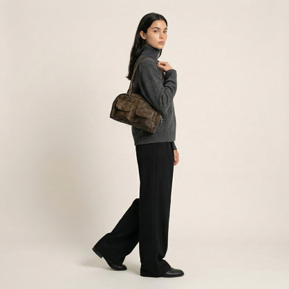 Lina Distressed Hobo Bag - PU Leather Shoulder Bag with Two Front Pockets