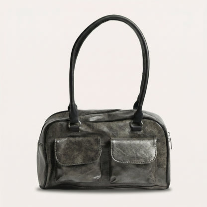 Lina Distressed Hobo Bag - PU Leather Shoulder Bag with Two Front Pockets