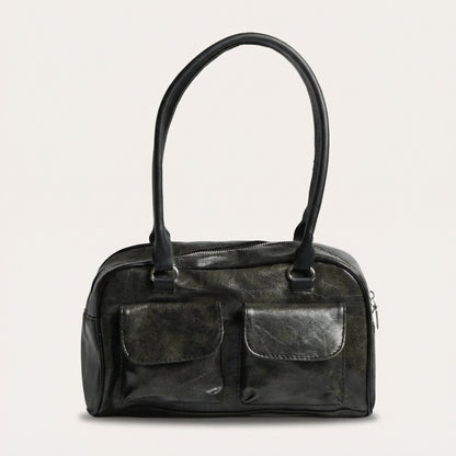 Lina Distressed Hobo Bag - PU Leather Shoulder Bag with Two Front Pockets