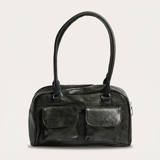Lina Distressed Hobo Bag - PU Leather Shoulder Bag with Two Front Pockets