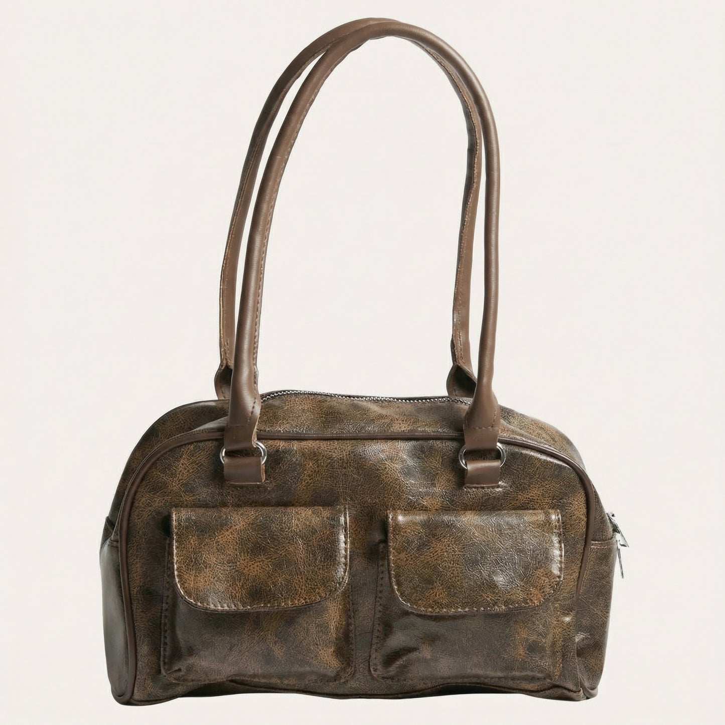 Lina Distressed Hobo Bag - PU Leather Shoulder Bag with Two Front Pockets