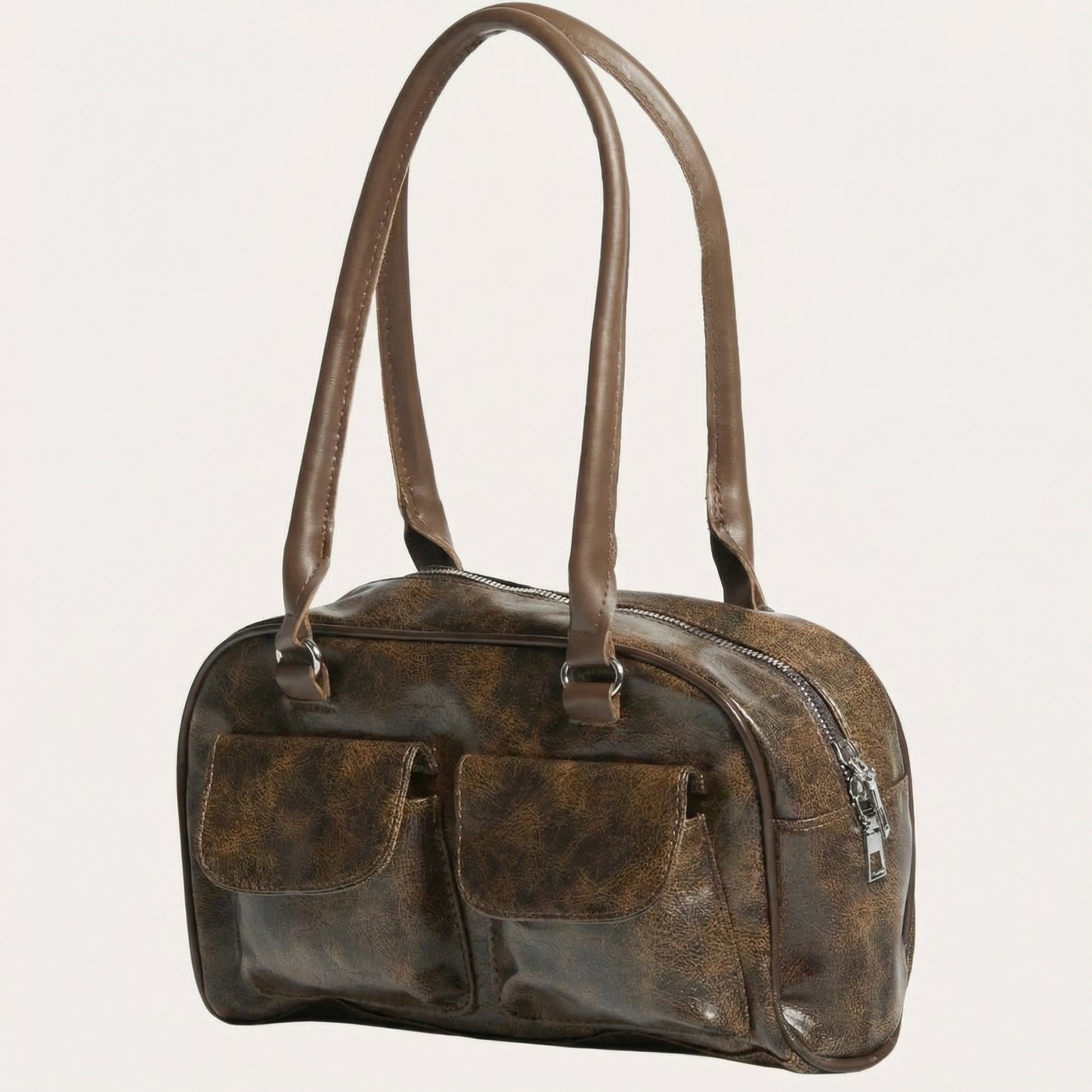 Lina Distressed Hobo Bag - PU Leather Shoulder Bag with Two Front Pockets