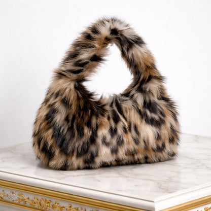 Jessa Hobo Bag - Faux Fur Leopard Print Shoulder Carry