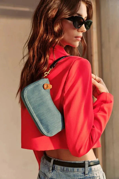 Adel Crescent Bag - Denim & PU Leather Shoulder Bag
